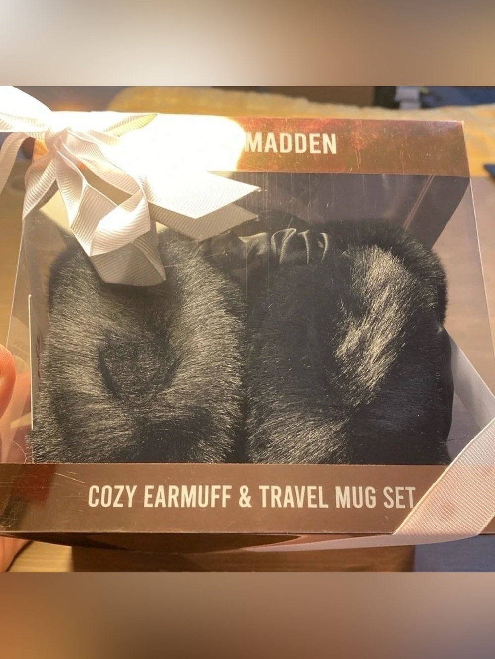 Steve Madden Cozy Faux Fur Earmuffs & Black Travel Mug Gift Set NIB